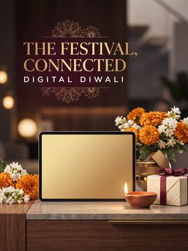 Diwali Tablet computer with blank golden screen next to lit oil lamp and gift box on a wooden table with digital tablet