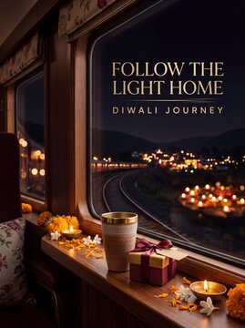 Diwali Lit oil lamps and gift box on a train window sill during a night journey with landscape illuminated distant