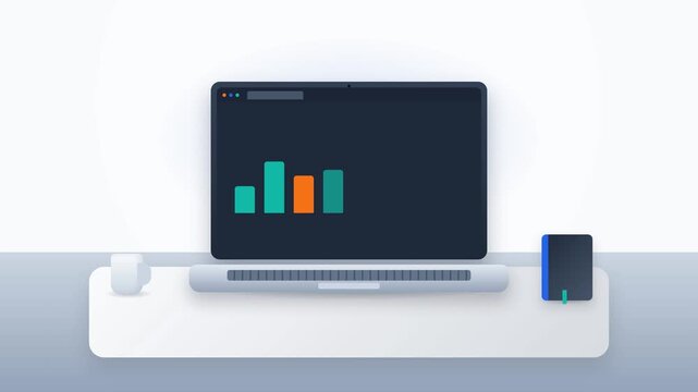 Laptop computer displaying data analytics dashboard on desk with minimal office setup