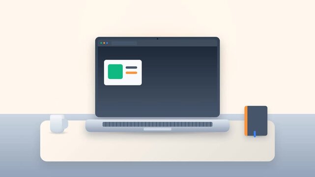 Laptop computer on desk with mouse and notebook in minimalist vector illustration