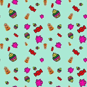 halloween cute ghost and pumpkin seamless pattern with candy and cupcake motifs for textile and holiday design