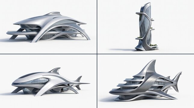 Collection of futuristic biomimetic architecture concepts shaped like sharks and marine life with sleek metallic finishes on white.