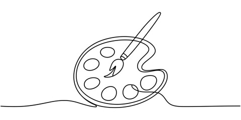 Continuous single line drawing of an artist paint palette and a brush isolated on a white background for creative art design and painting concepts Vector, illustration © Digital Illustration