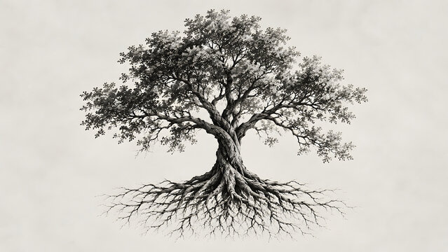 Black and White Tree Drawing with Visible Roots, Hand Drawn Botanical Illustration, Nature, Growth and Root System Concept