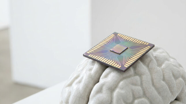 Neuroscience research ethics concept featuring neural chip resting on sculpted human brain model in quiet laboratory setting