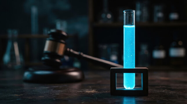Biotech patent disputes concept with glowing blue liquid in test tube beside judge gavel in dark laboratory setting