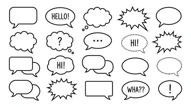 Comic book speech bubbles with various shapes and text for graphic design projects, comic illustrations, social media posts, and presentations.