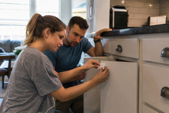 Parent Installing Child Safety Lock on Home Cabinet