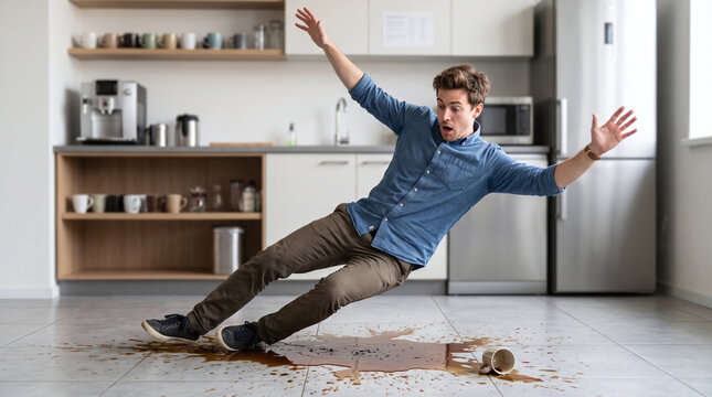 Young man slipping and falling backward on spilled coffee in office kitchen