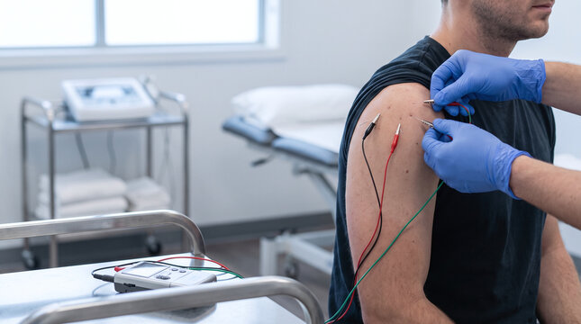 Physiotherapist applying electro dry needling therapy to a patient shoulder