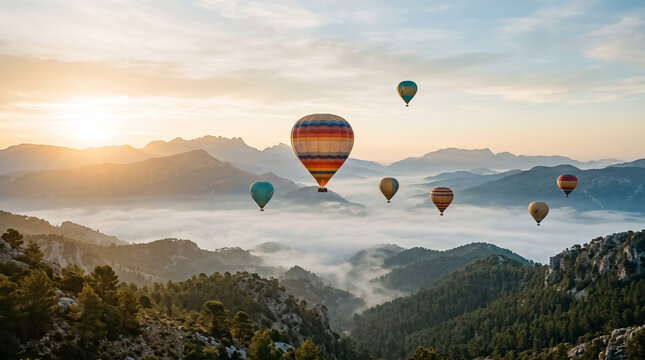 scenic sunrise landscape with colorful hot air balloons in mountain sky