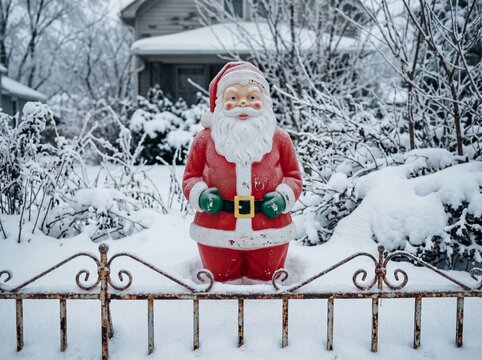 Vintage Santa Claus Figure in Snowy Garden Behind a Rusty Fence