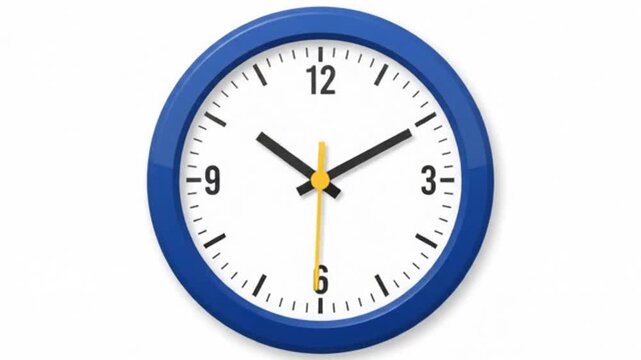 Analog wall clock with blue frame moving clockwise on white background