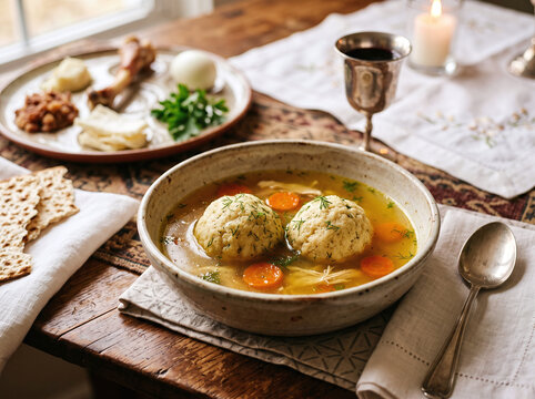 Traditional Jewish matzo ball soup served on a wooden table for Passover Seder