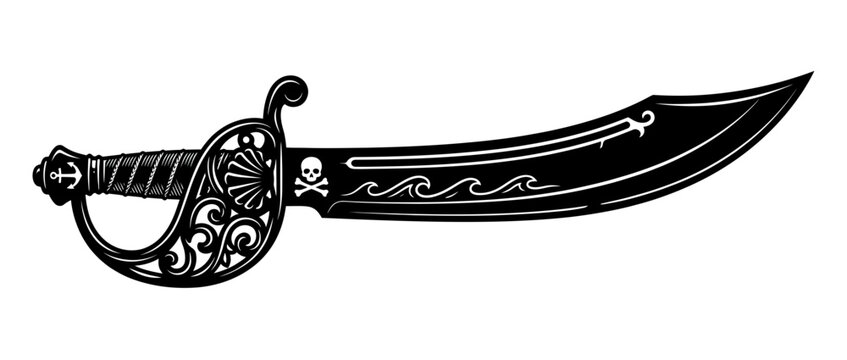 Ornate Pirate Sword Cutlass Isolated Black and White