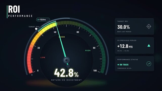 ROI speedometer gauge beating target and dark financial dashboard KPI animation. Financial performance gauge with luminous digital ROI target gauge meter