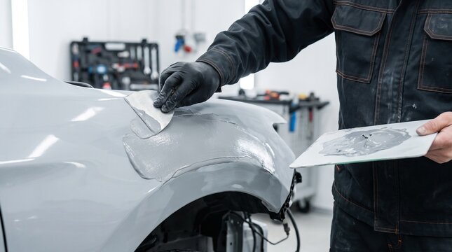 Car body repair technician smoothing filler on a vehicle's fender using a sanding block