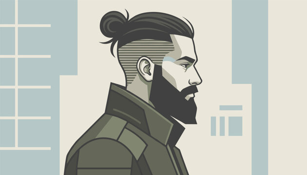 Side profile portrait of a stylish man with a well groomed beard and mustache wearing a trendy man bun haircut against a modern background.