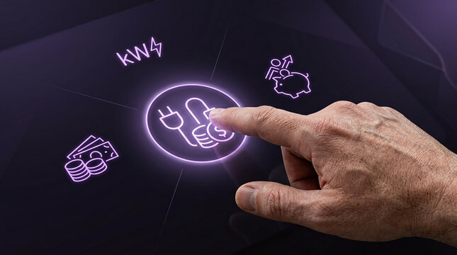 Energy Efficiency Concept with Human Hand Touching Virtual Screen Displaying Electricity Costs Savings Icons and Kilowatt Management Symbols