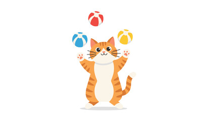 Fototapeta premium Cute cartoon ginger tabby cat joyfully juggles three colorful striped beach balls against a plain white background.