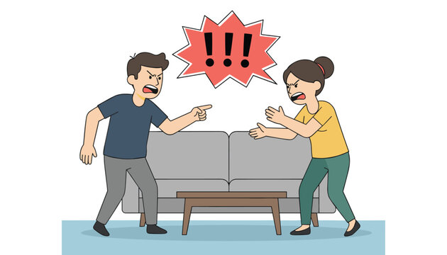 Angry man and woman are fiercely arguing with each other while standing in front of a grey living room sofa.
