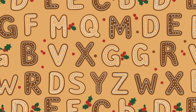 Seamless background pattern of delicious christmas gingerbread cookies shaped like different alphabet letters.