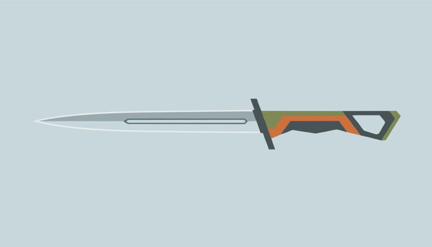Sleek tactical combat dagger knife with a modern orange and green handle depicted against a light grey background.