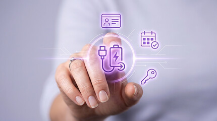 Obraz premium Digital Interface Concept with Battery Charging Icon and Security Symbols for Energy Management and Smart Technology Solutions in Business Environment