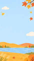 Obraz premium Autumn lake landscape illustration with orange hills, falling maple and ginkgo leaves, pampas grass and blue sky, vertical background