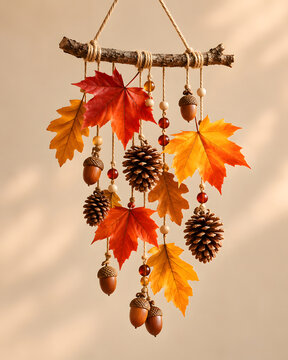Autumn wall hanging decoration with maple leaves, pine cones and acorns on wooden branch, rustic fall home decor on beige background