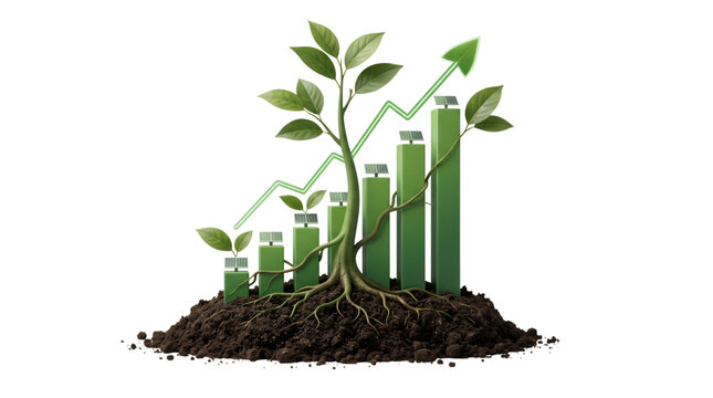 Green plant growing through a bar chart with roots and dirt 
