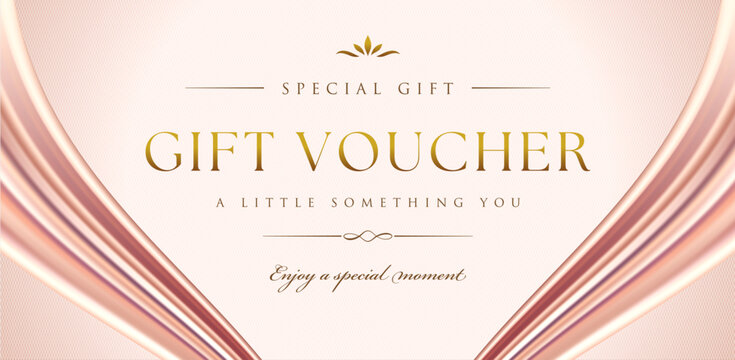 Luxury pink gold gift voucher template design with smooth silk wave frame for coupon certificate and invitation card