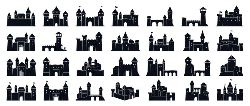 Collection of Medieval Castle Silhouettes on Transparent Background