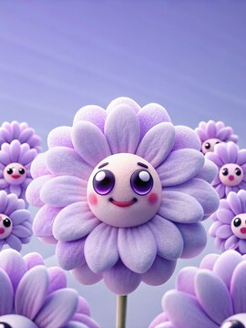 Ilustraci&oacute;n 3D estilo dibujos animados de lindas flores moradas con caras sonrientes