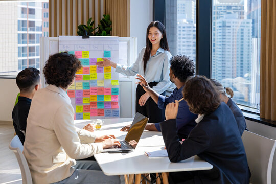 Woman manager is presenting new project to the team while having question from panel in the executive meeting for next year plan with market share increase for global business and investment
