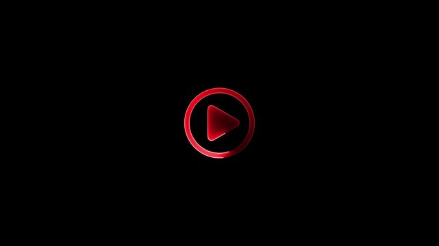 Glowing red play button on black background, minimalist digital media icon, sleek video start symbol for streaming and multimedia interfaces