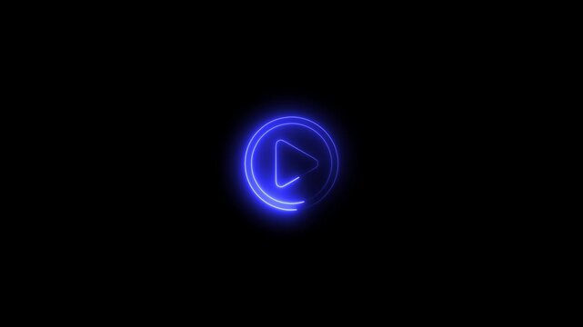 Neon blue play button icon glowing on black background, futuristic digital media start symbol, minimalist glowing video player interface element