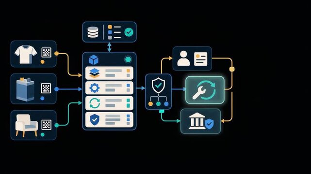 Digital product passport workflow animation with data processing and management flowchart on black background