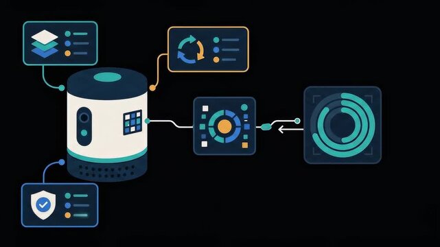 Animated vector graphic showing smart assistant device connected to various data modules and technology icons on black background