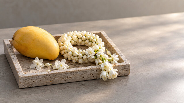 Jasmine garland in stone tray with mango on grey tabletop, tropical still life concept