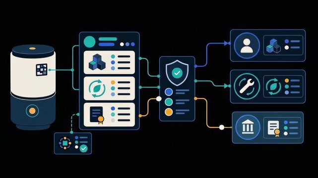 Infographic animation diagram showing data workflow and security protection system