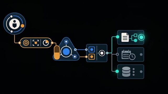 Graphic animation of abstract node flowchart diagram with data processing and workflow connections