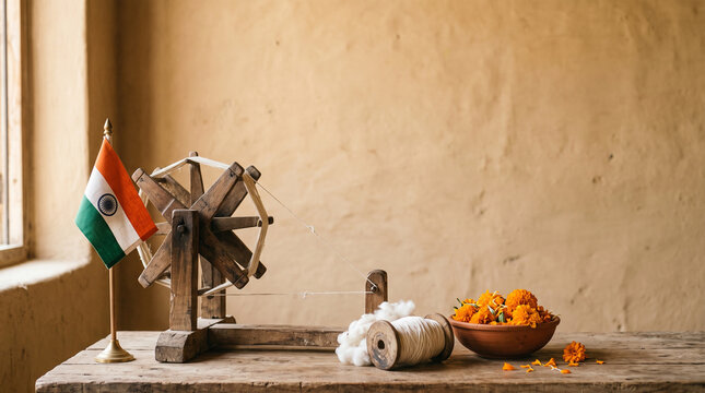 indian flag and traditional wooden spinning wheel charkha with marigold flowers