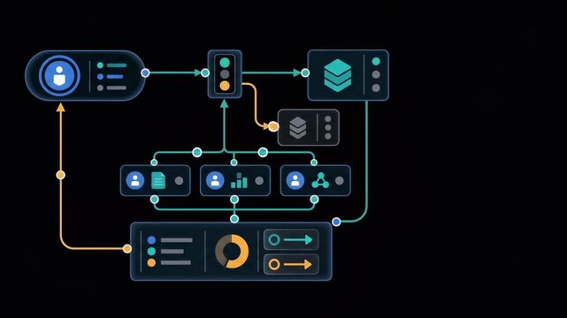 Animated technology workflow diagram showing data processing and server connections
