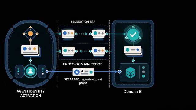 Graphic animation illustrating digital agent identity activation and cross-domain proof federation between networks