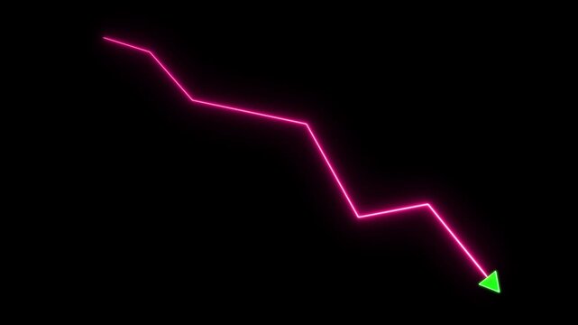 Neon pink financial downtrend line graph with green arrow indicating market decline and economic loss