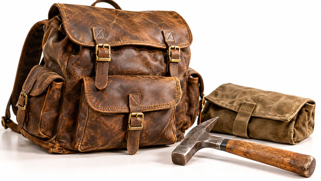 Weathered leather backpack with brass buckles and rock hammer, adventure and craftsmanship concept
