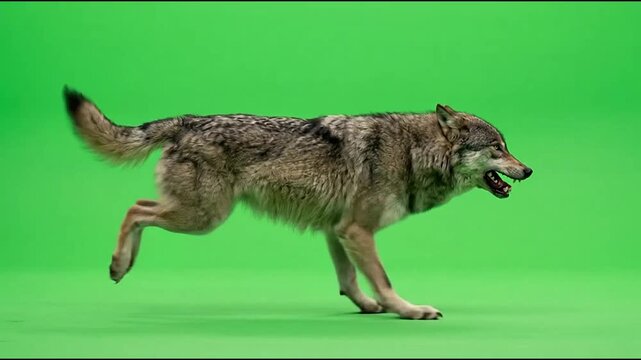 Grey Wolf Running Full Speed Isolated on Green Screen Chroma Key