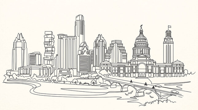 Austin Texas Skyline Line Art Drawing Featuring Capitol and Downtown Buildings