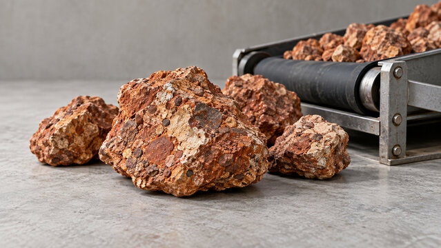 Bauxite rock samples with metal conveyor belt section on concrete.